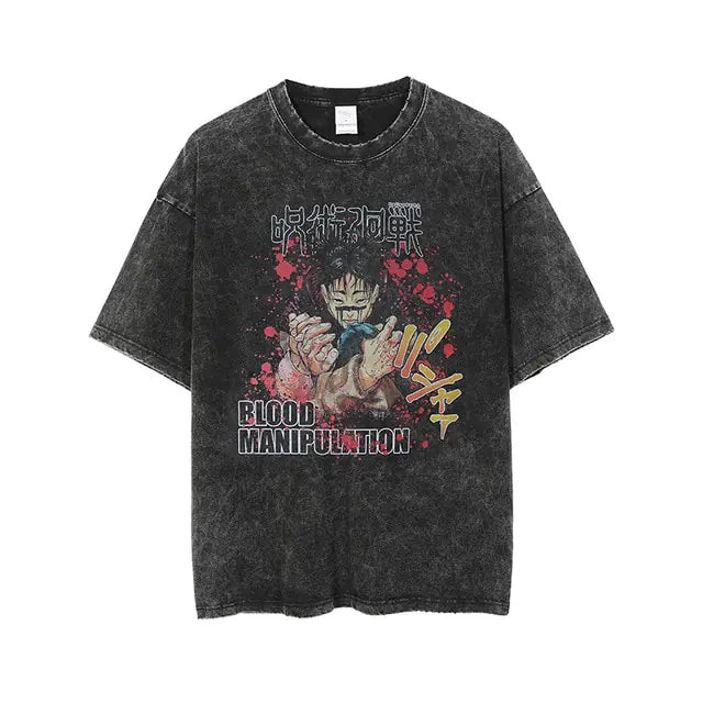 Vintage Washed Tshirts for Men Digital Printing Anime Graphic.