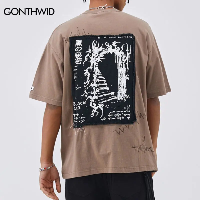 Vintage Punk T-shirt Streetwear Y2K Hip Hop Embroidery Patch Oversize Washed T-Shirt.