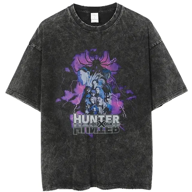 Vintage Washed Tshirts for Men Digital Printing Anime Graphic.