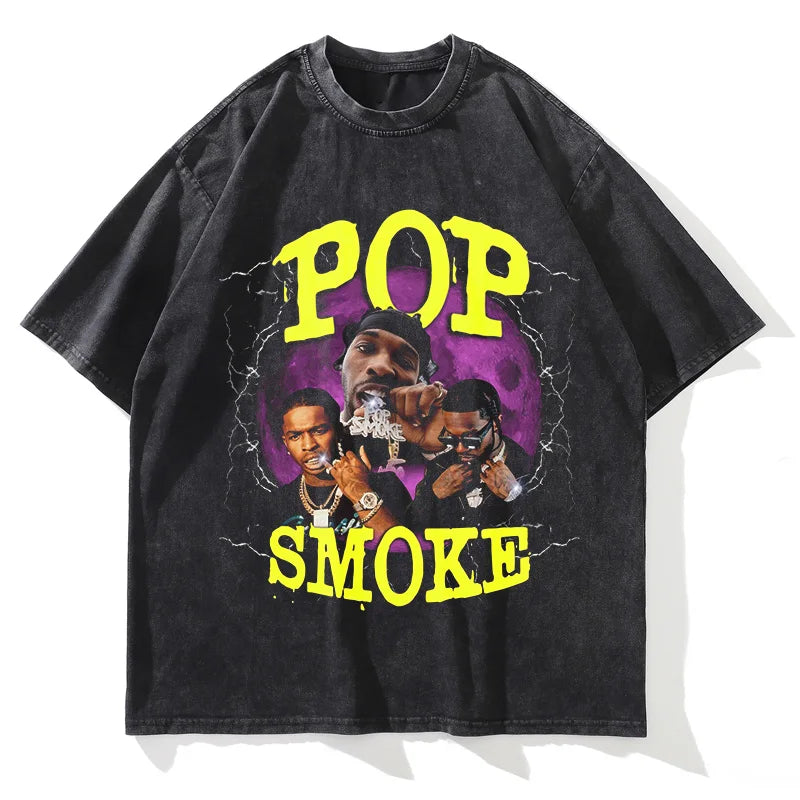 Summer New Washed T-Shirt POP SMOKE Graphic Print.