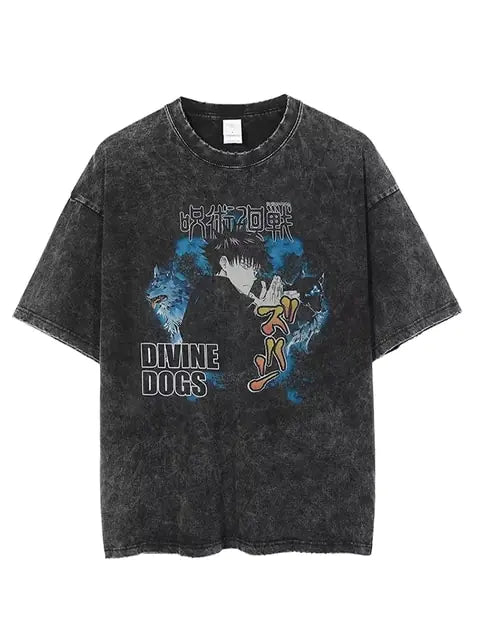 Vintage Washed Tshirts for Men Digital Printing Anime Graphic