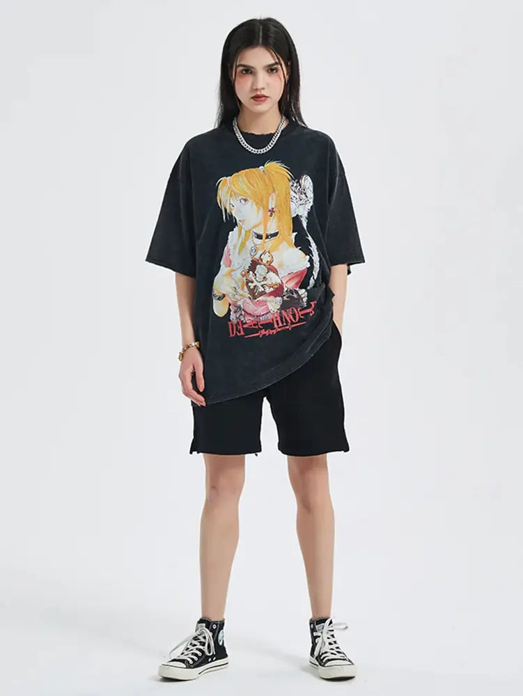 Vintage Washed Tshirts for Men Digital Printing Anime Graphic.