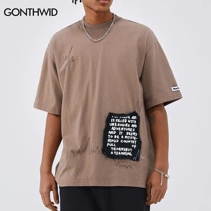 Vintage Punk T-shirt Streetwear Y2K Hip Hop Embroidery Patch Oversize Washed T-Shirt.